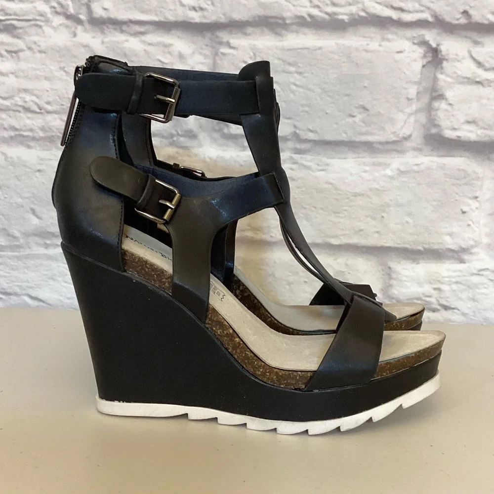 Nature Breeze 8.5 Gladiator Black Wedge Leather Sandals Women’s Cork Shoes